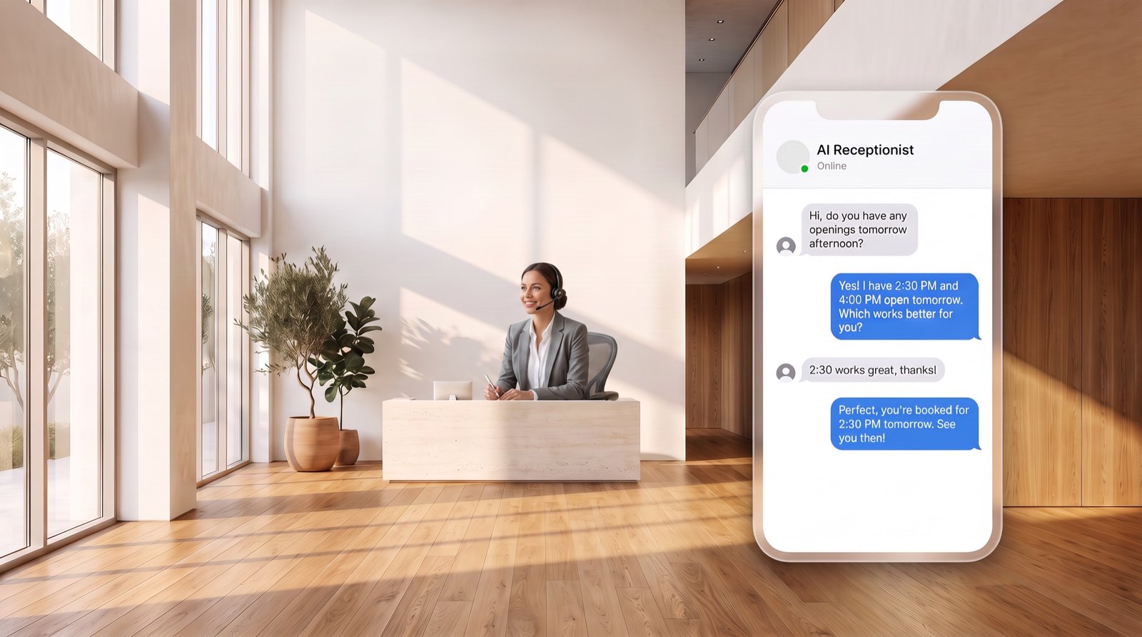 A friendly receptionist with a headset at a bright front desk, beside an AI receptionist booking a customer by text